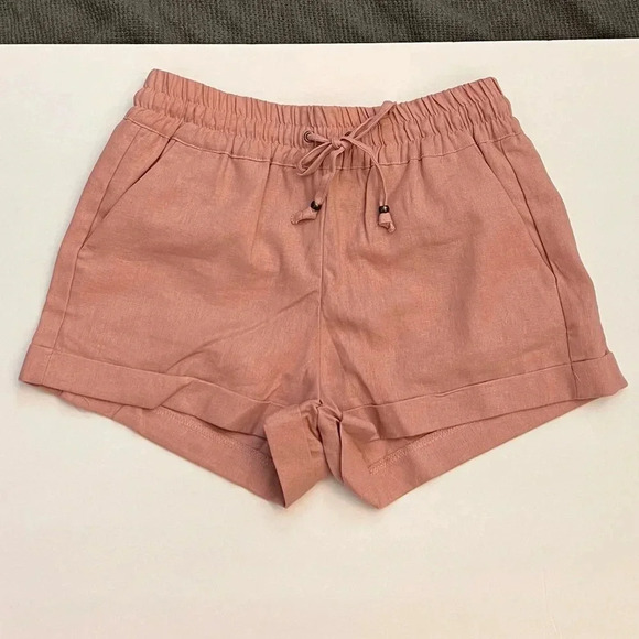 Linen Shorts Drawstring Pull-On Style Side Pockets Smocked Elastic Waist Cuffed - Picture 1 of 4